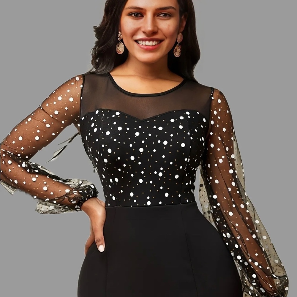 Round Neck Mesh Stitching Dress, Elegant Slim Long Sleeve Waist Long Dresses - Picture 5 of 5